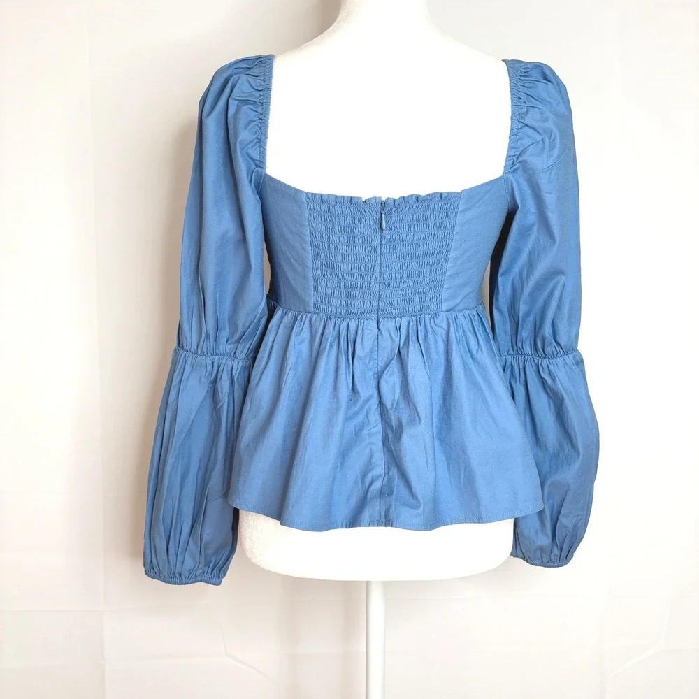 Reformation Jaxley Top Blue Peplum Babydoll Puff Sleeve Smocked Shirt Size 4